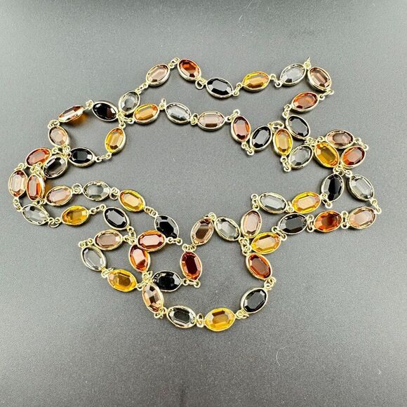 Multi color Gold Tone Bevel set Glass Crystal Station Necklace - Picture 3 of 6